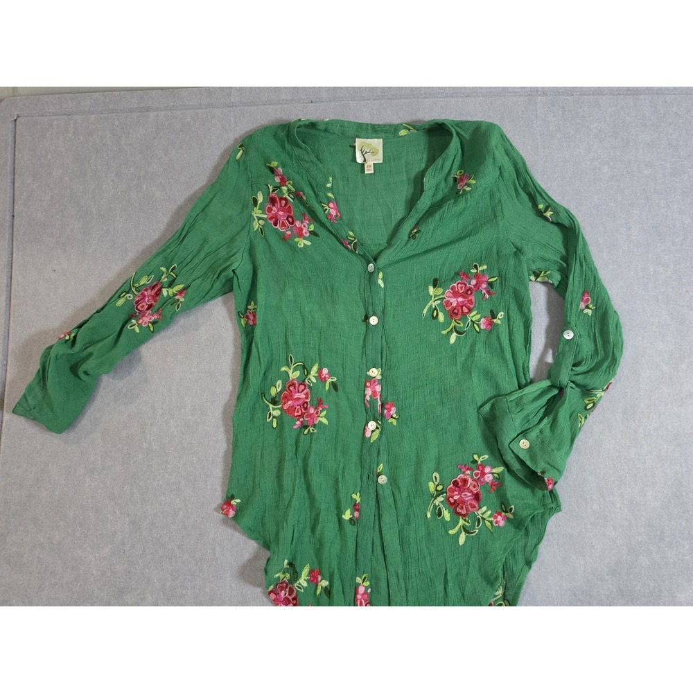 Anthropologie Fig Flower PEASANT Blouse Womens Sz M Button Up Kelly Green Embroi